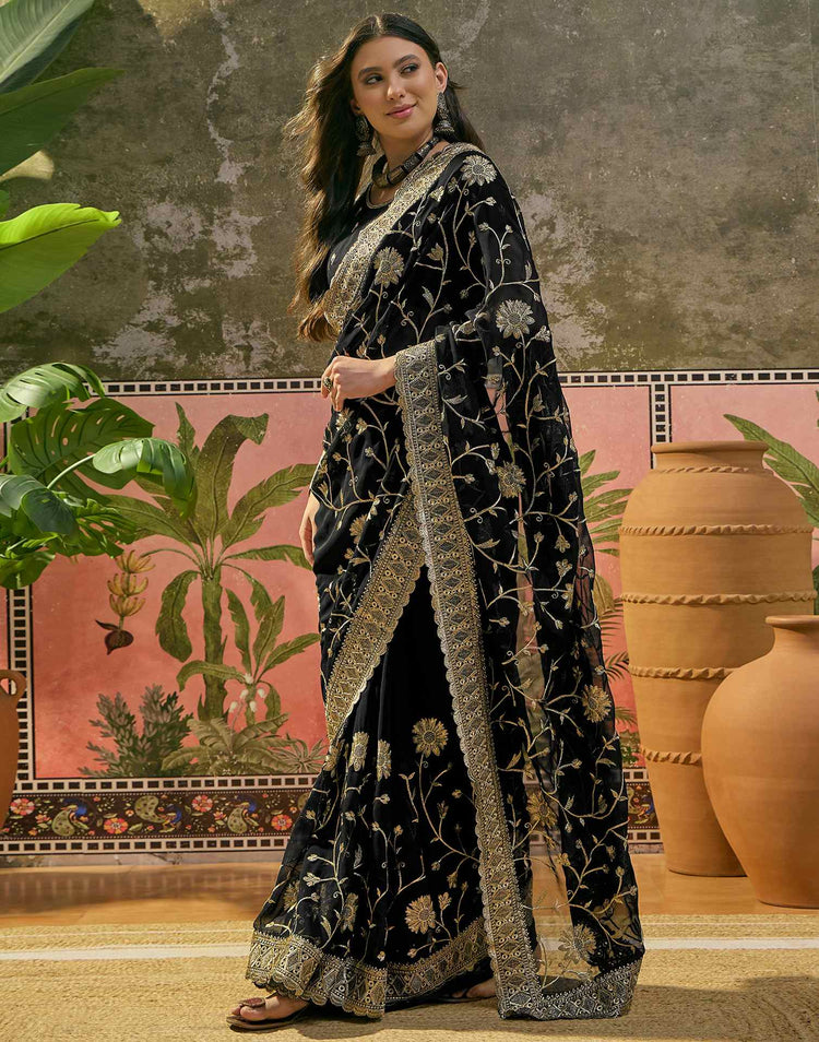 Black Georgette Embroidery Saree