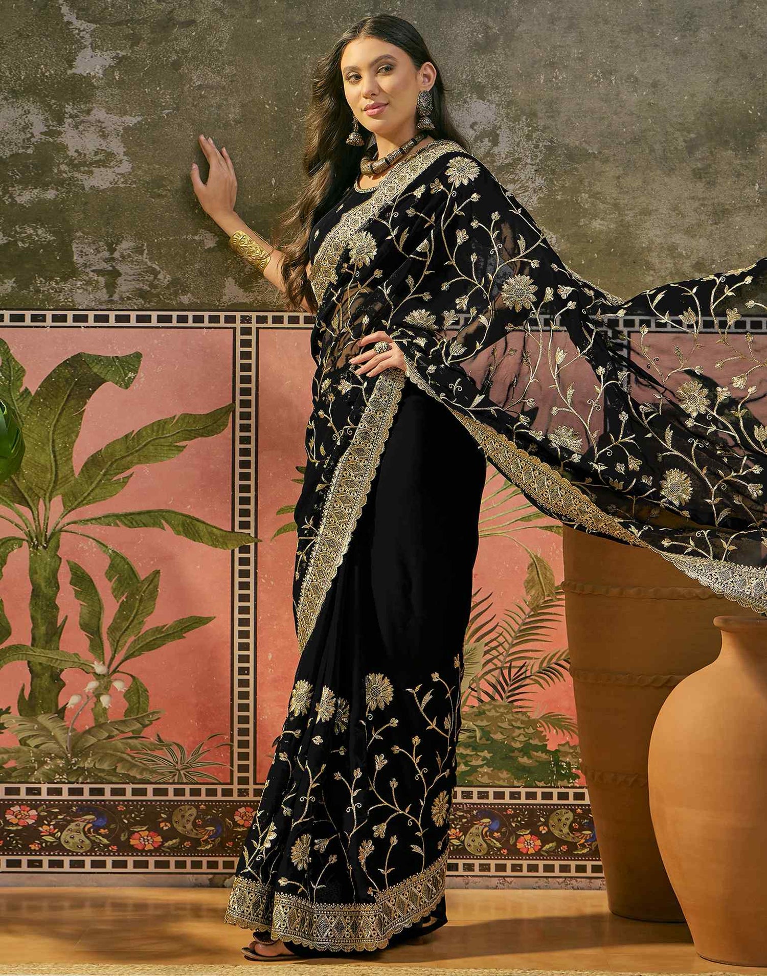Black Georgette Embroidery Saree