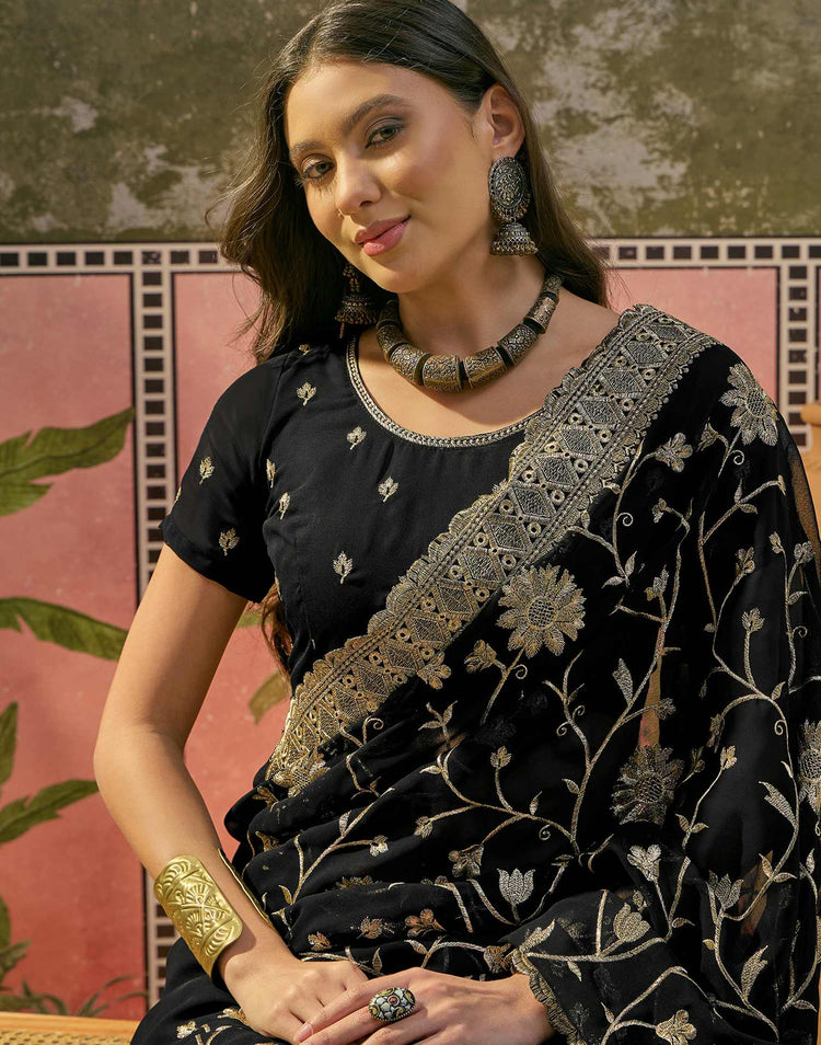 Black Georgette Embroidery Saree
