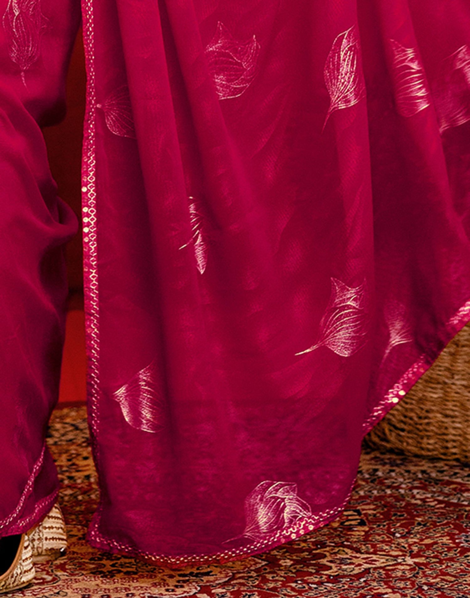 Dark Rani Pink Georgette Foil Printed Lace Saree