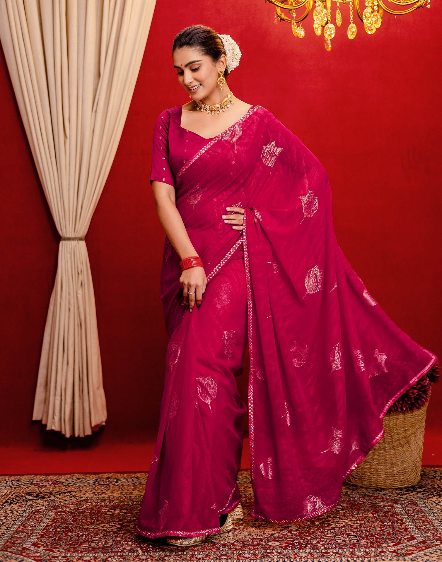 Dark Rani Pink Georgette Foil Printed Lace Saree