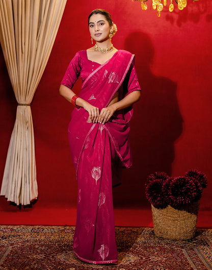 Dark Rani Pink Georgette Foil Printed Lace Saree