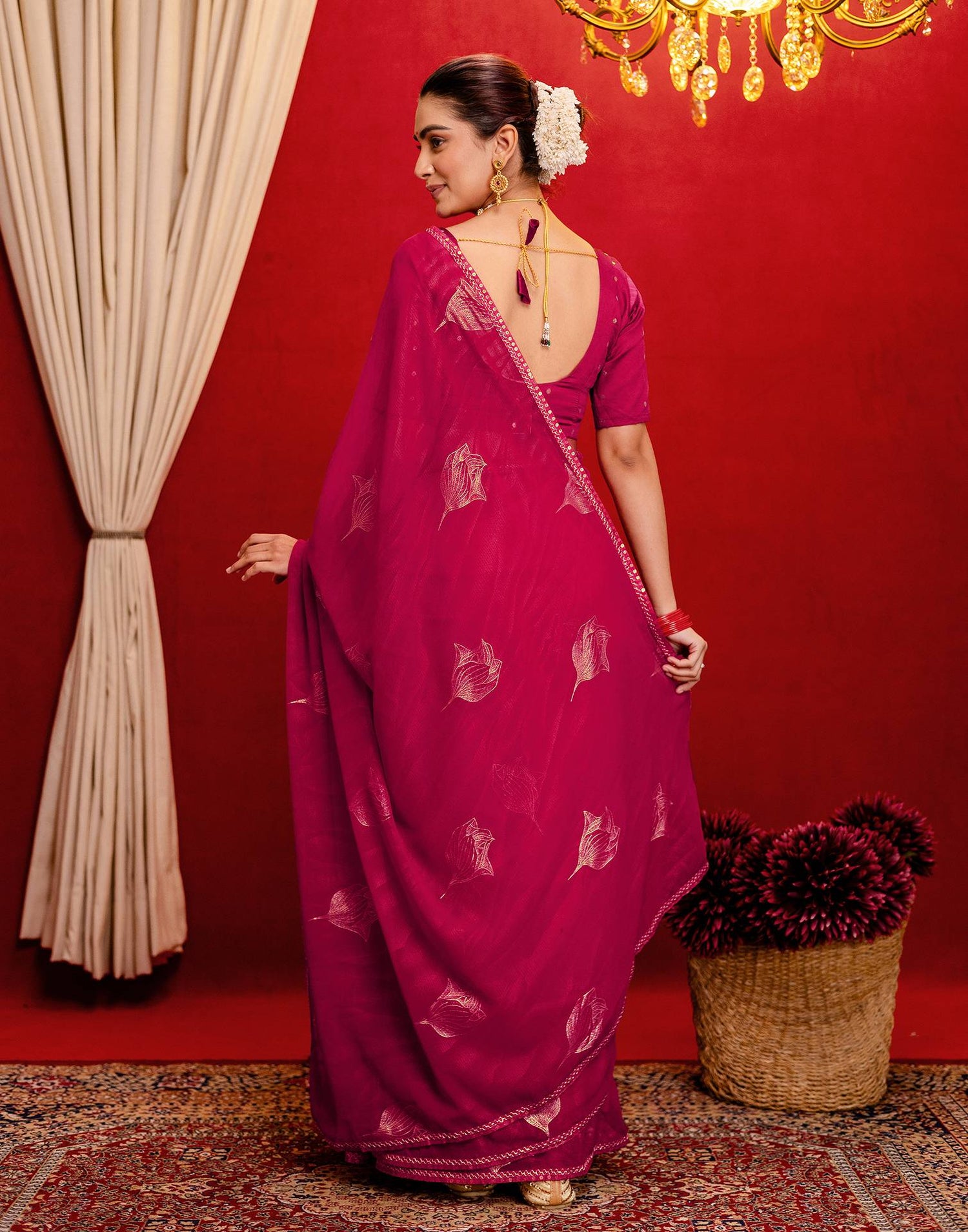 Dark Rani Pink Georgette Foil Printed Lace Saree