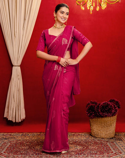 Dark Rani Pink Georgette Foil Printed Lace Saree
