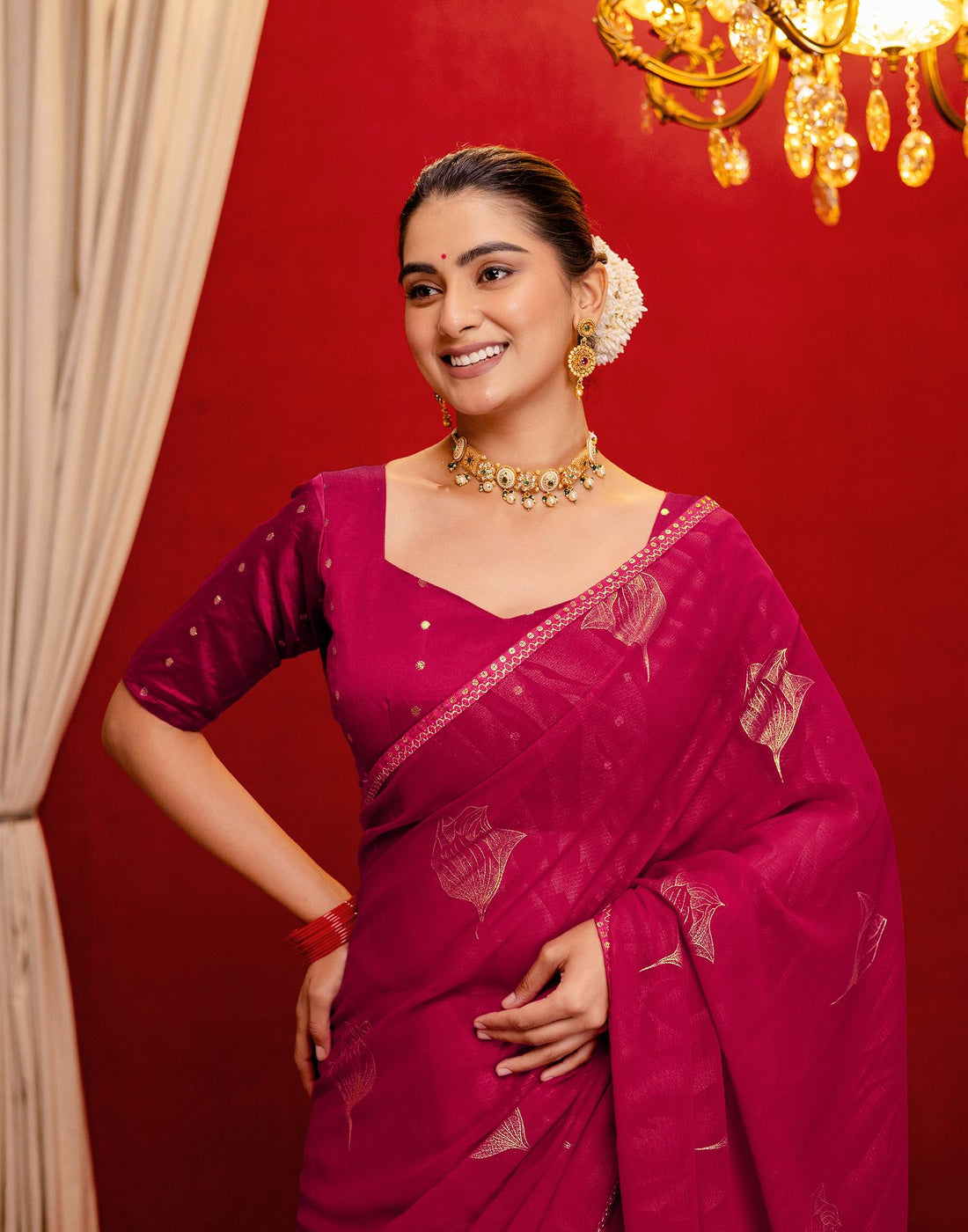 Dark Rani Pink Georgette Foil Printed Lace Saree