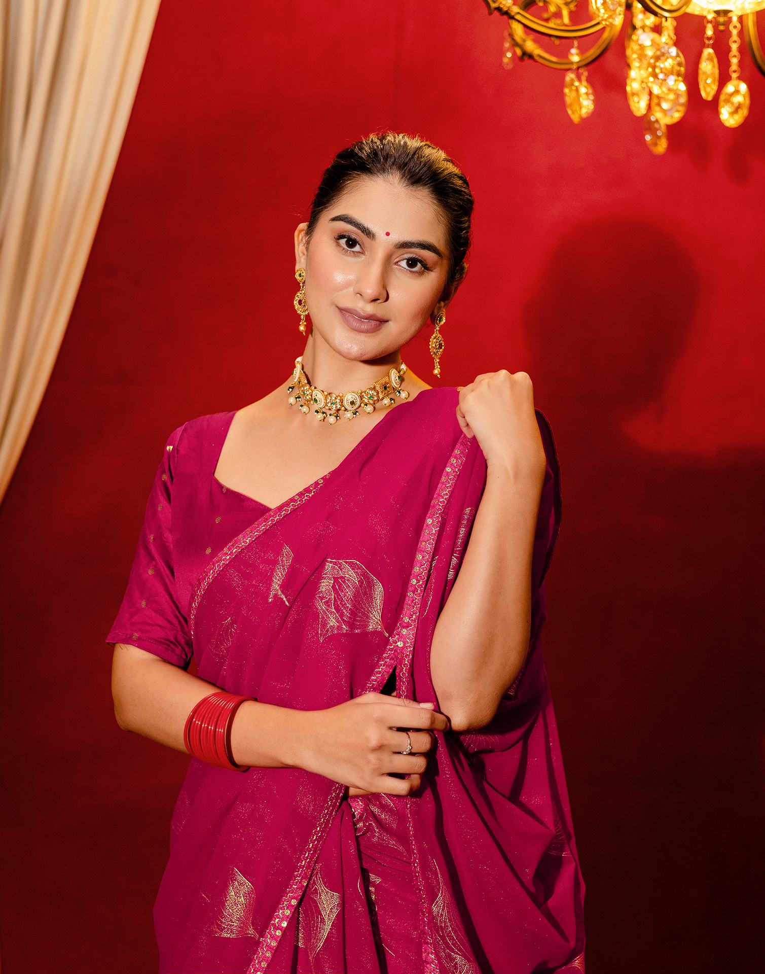 Dark Rani Pink Georgette Foil Printed Lace Saree