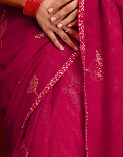 Dark Rani Pink Georgette Foil Printed Lace Saree