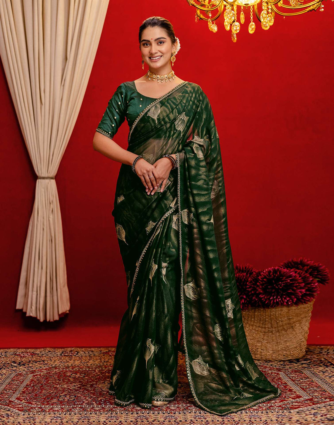 Dark Green Georgette Foil Printed Lace Saree