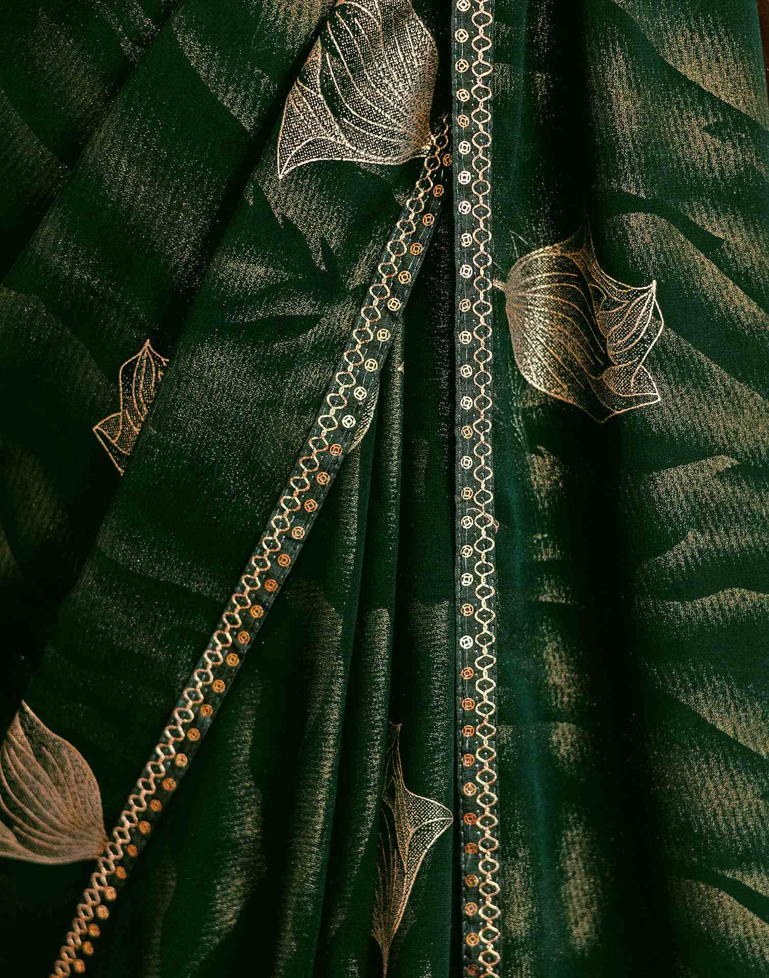 Dark Green Georgette Foil Printed Lace Saree