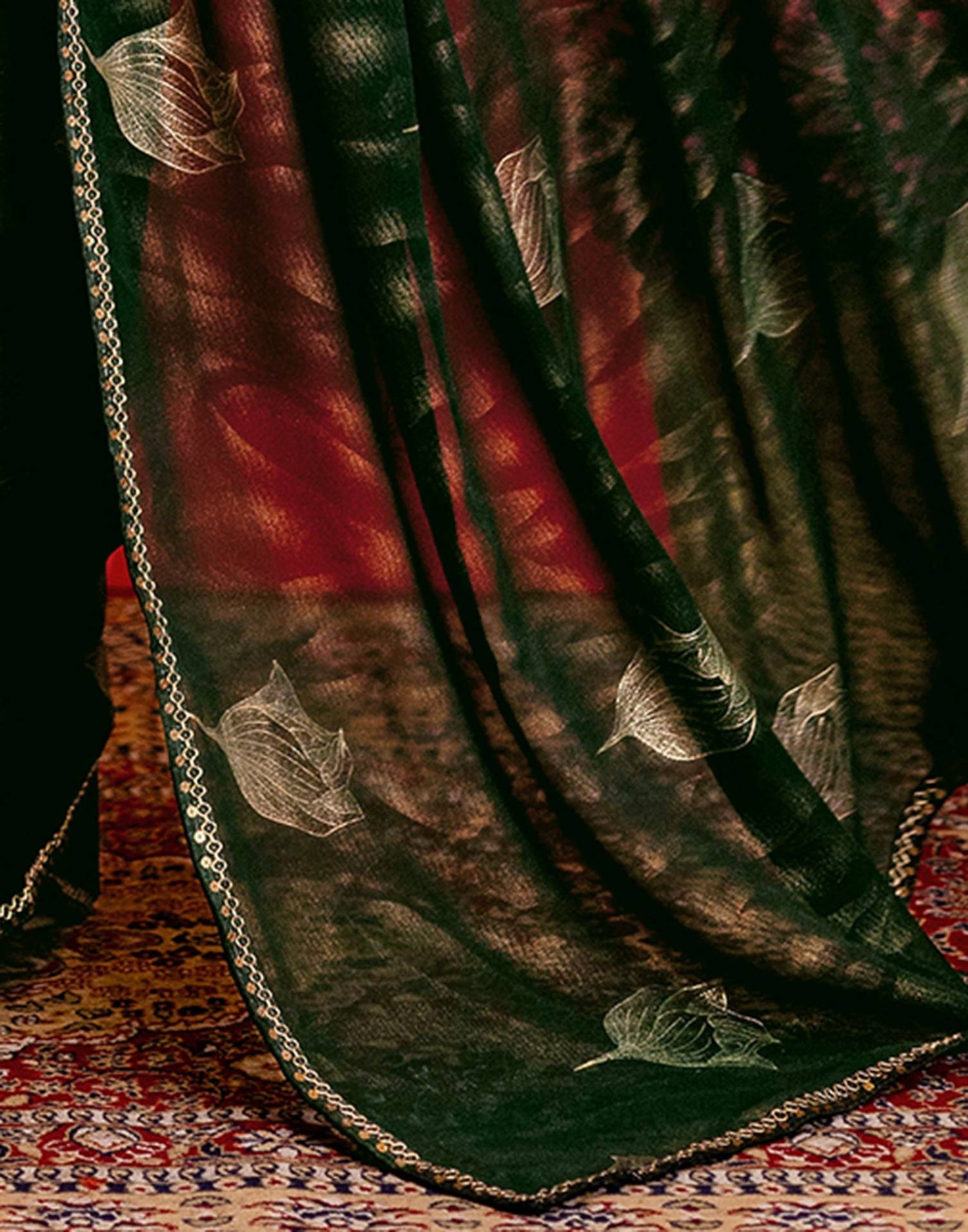 Dark Green Georgette Foil Printed Lace Saree
