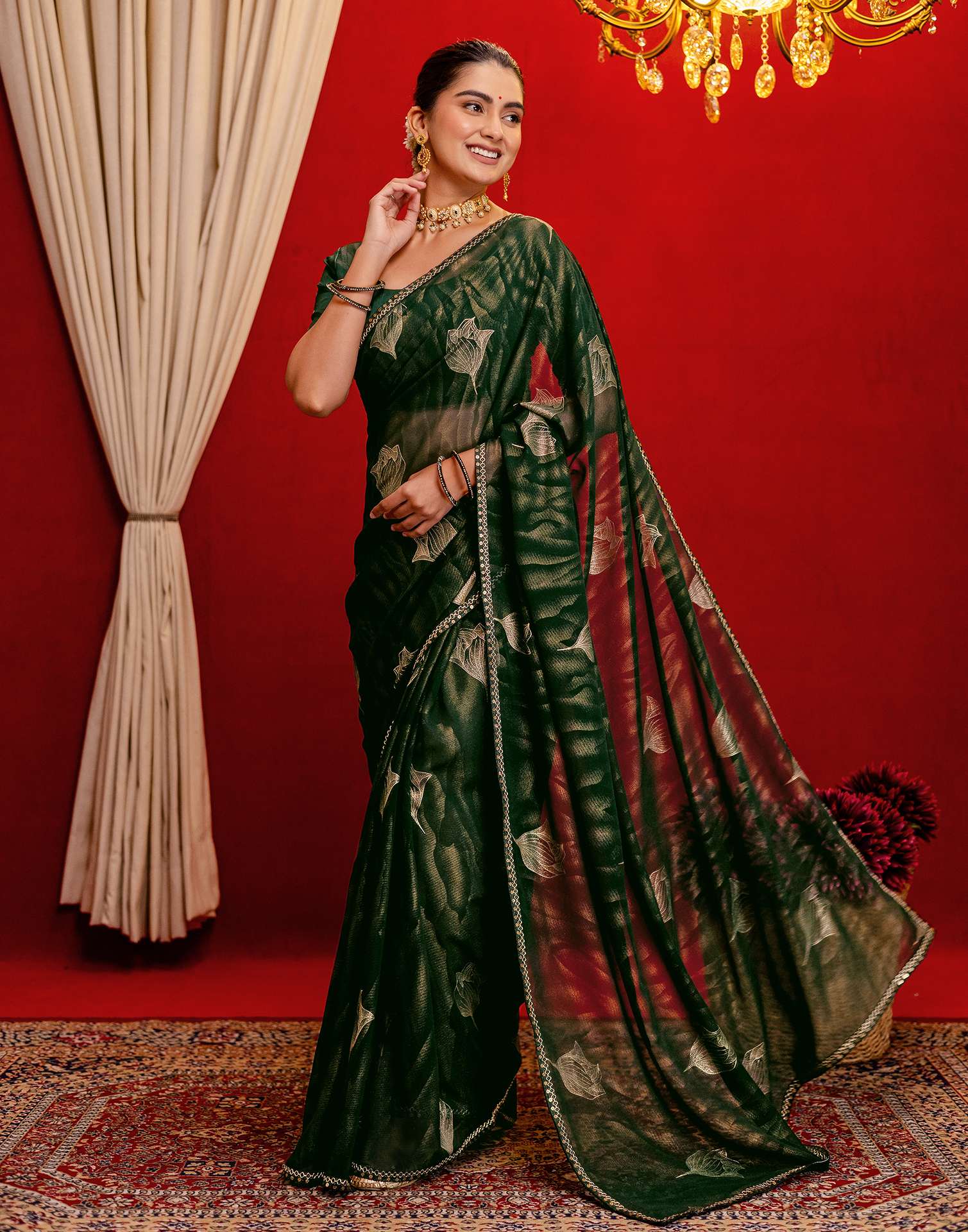 Dark Green Georgette Foil Printed Lace Saree