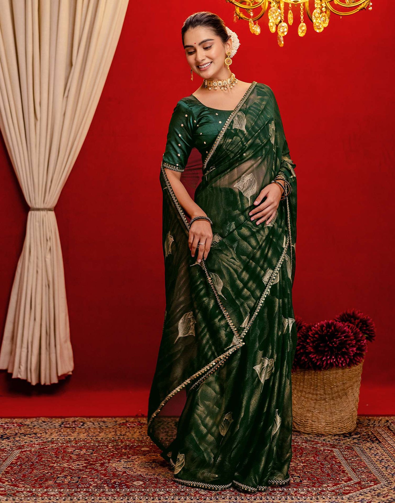 Dark Green Georgette Foil Printed Lace Saree