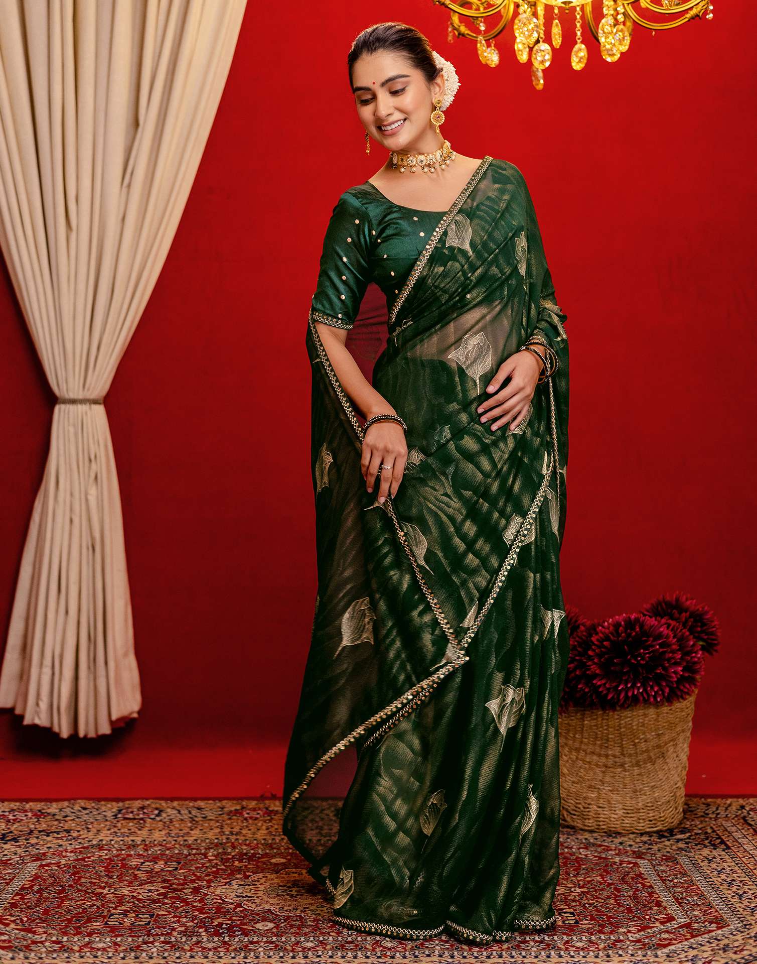 Dark Green Georgette Foil Printed Lace Saree