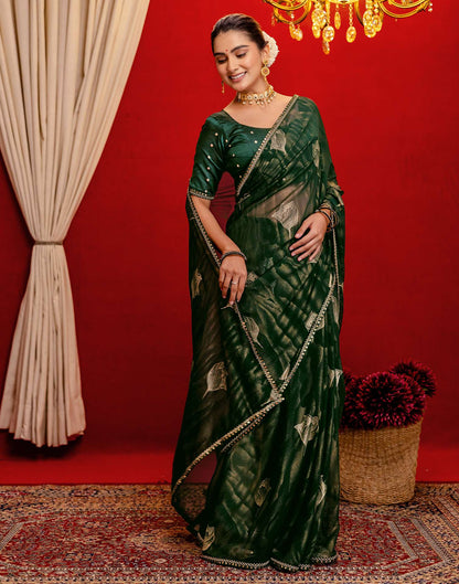 Dark Green Georgette Foil Printed Lace Saree