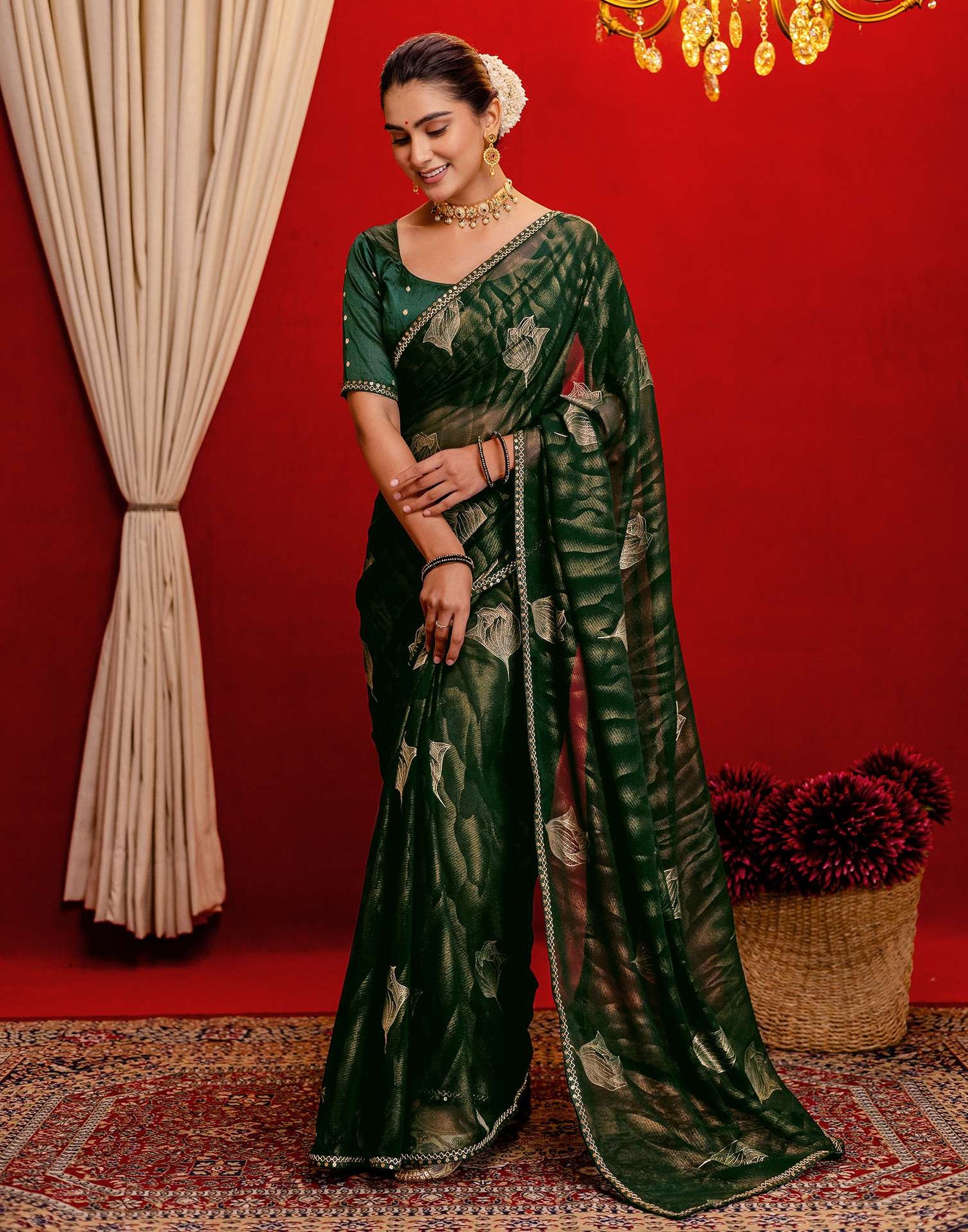 Dark Green Georgette Foil Printed Lace Saree