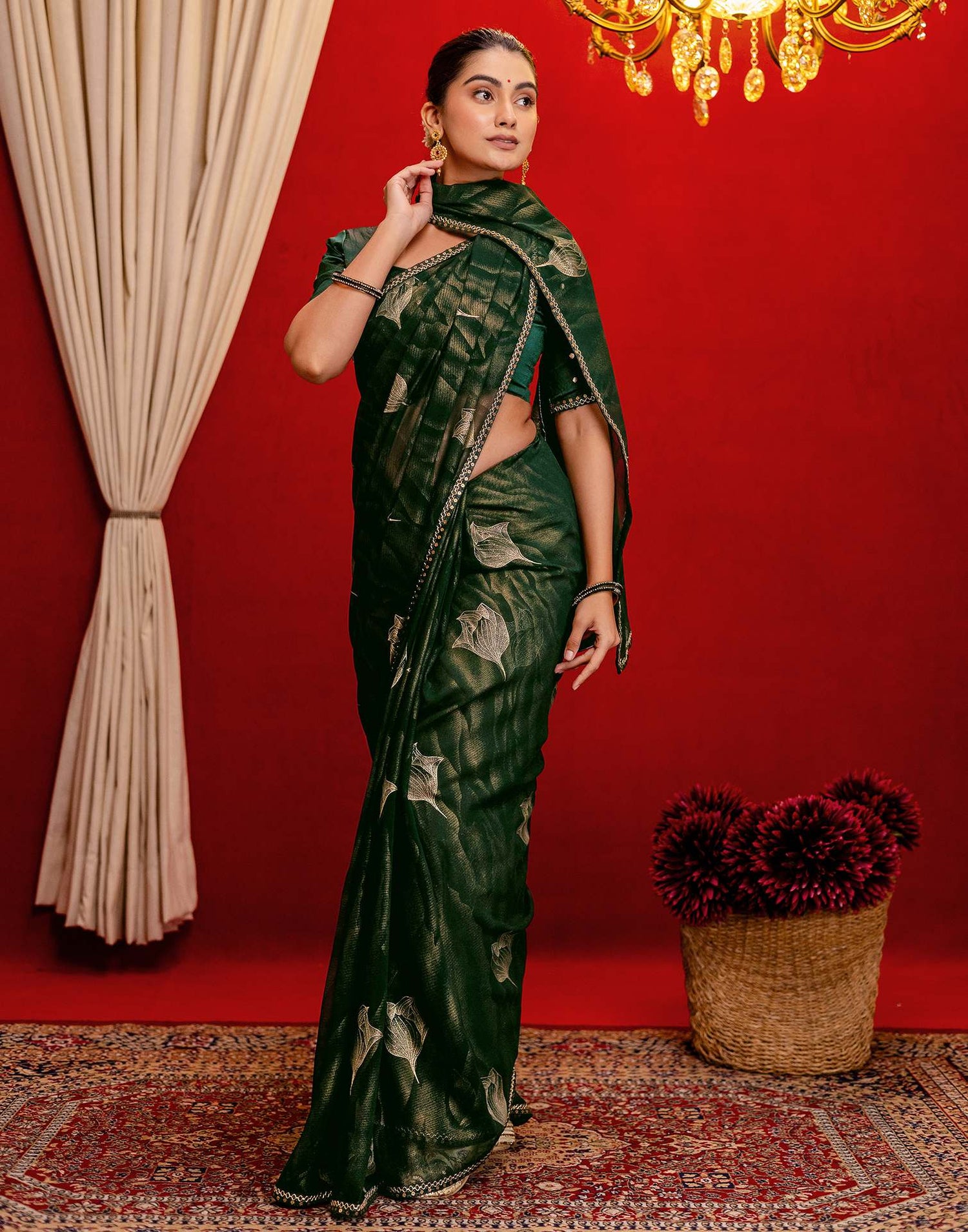 Dark Green Georgette Foil Printed Lace Saree