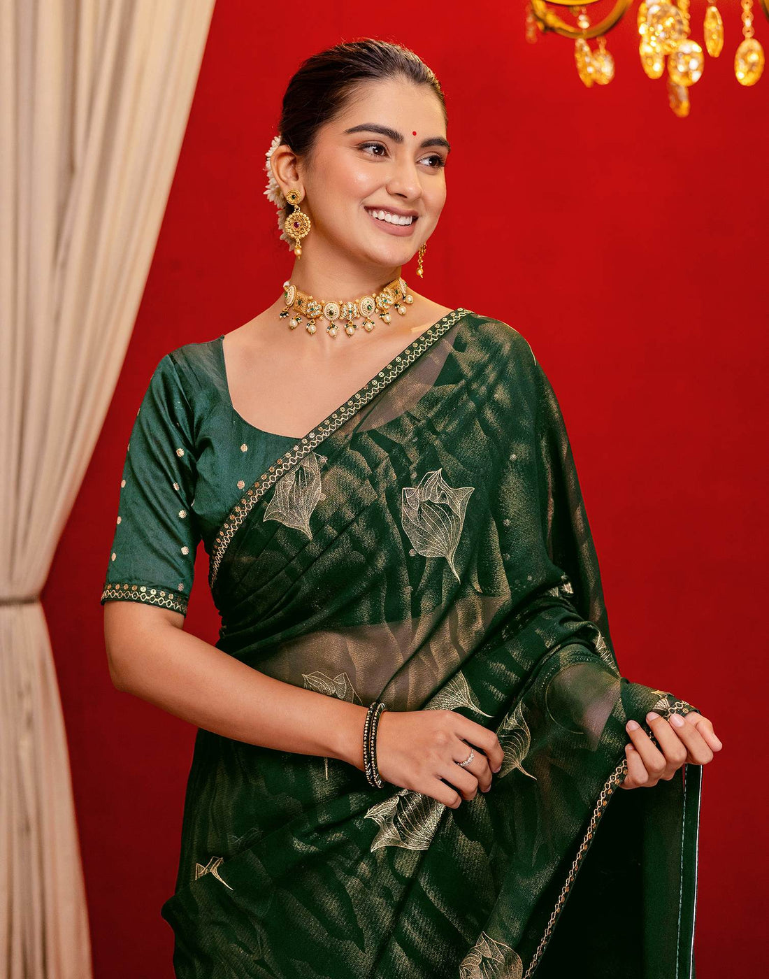 Dark Green Georgette Foil Printed Lace Saree