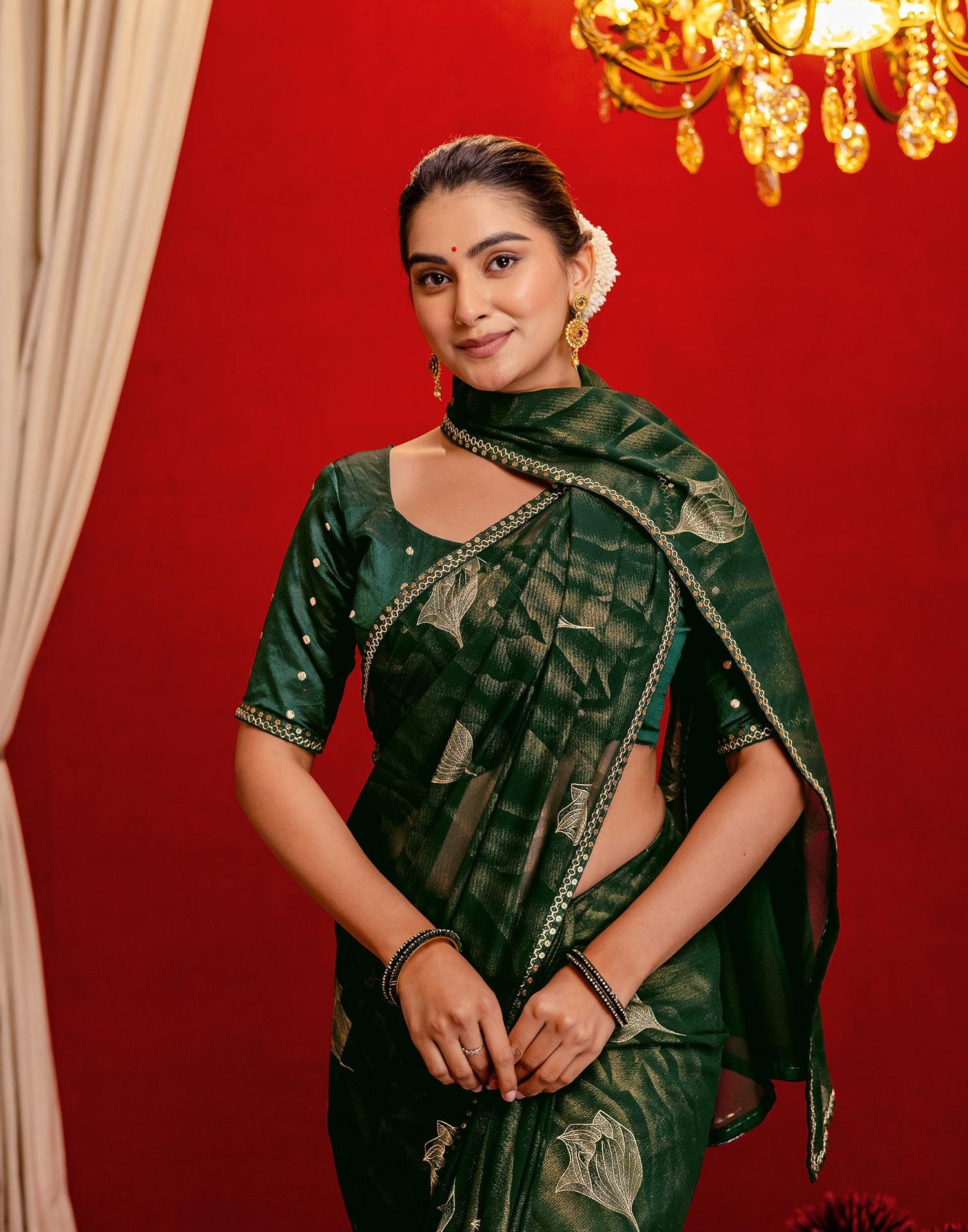 Dark Green Georgette Foil Printed Lace Saree