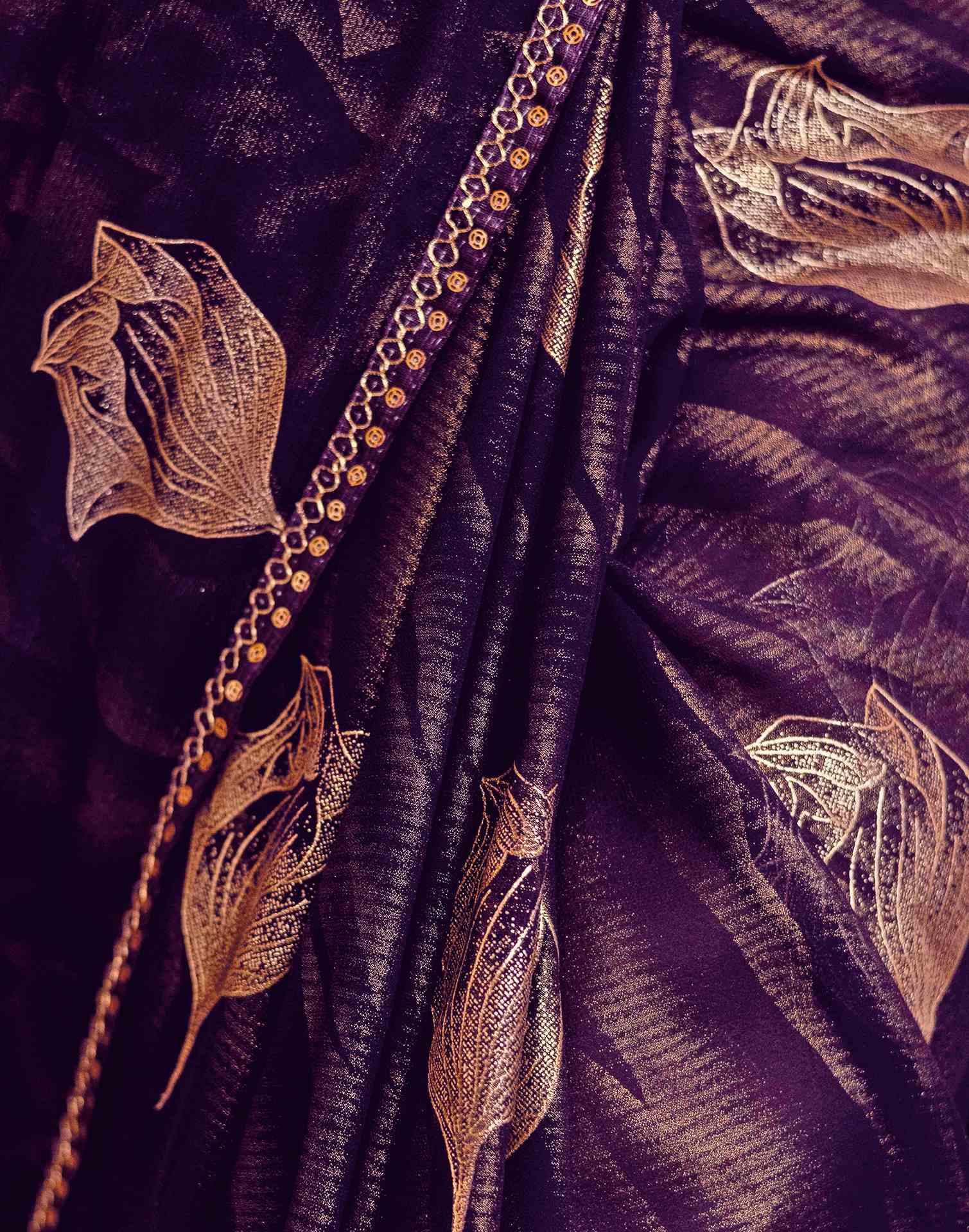 Dark Purple Georgette Foil Printed Lace Saree