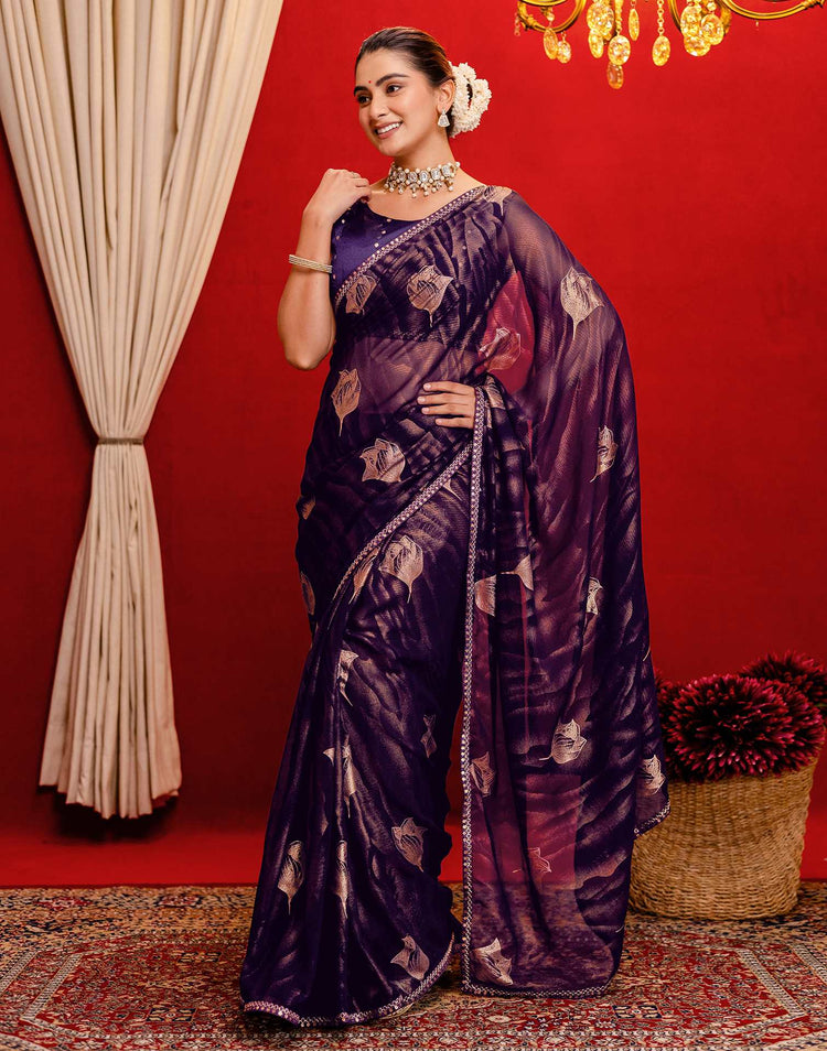 Dark Purple Georgette Foil Printed Lace Saree