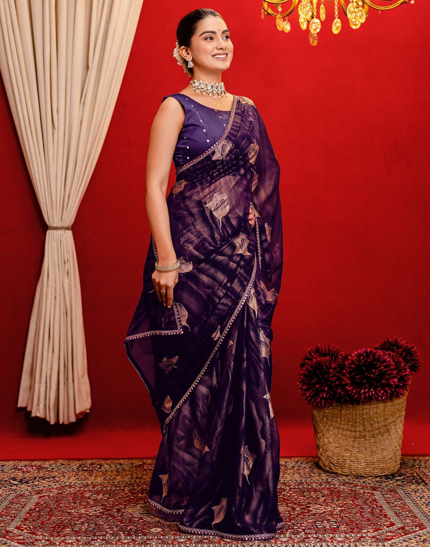 Dark Purple Georgette Foil Printed Lace Saree