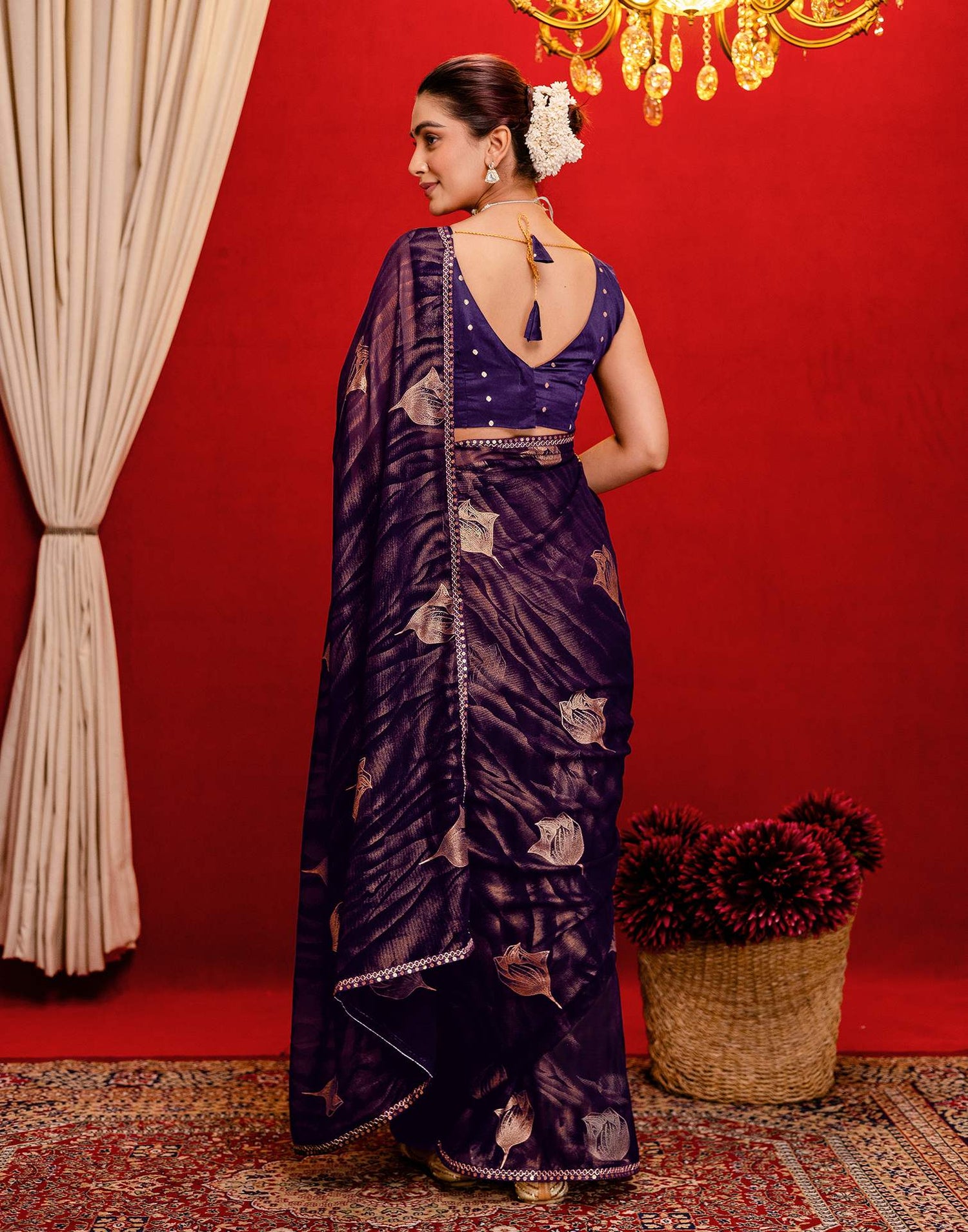 Dark Purple Georgette Foil Printed Lace Saree