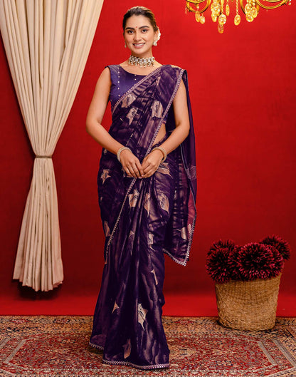 Dark Purple Georgette Foil Printed Lace Saree