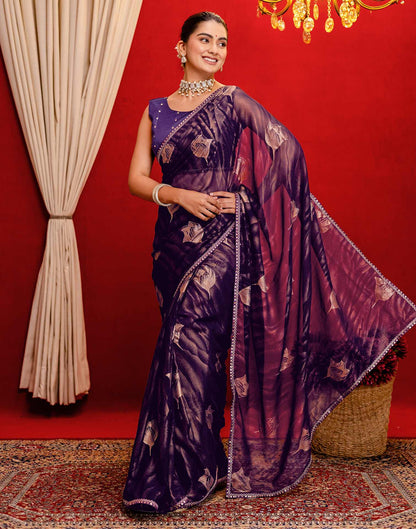 Dark Purple Georgette Foil Printed Lace Saree