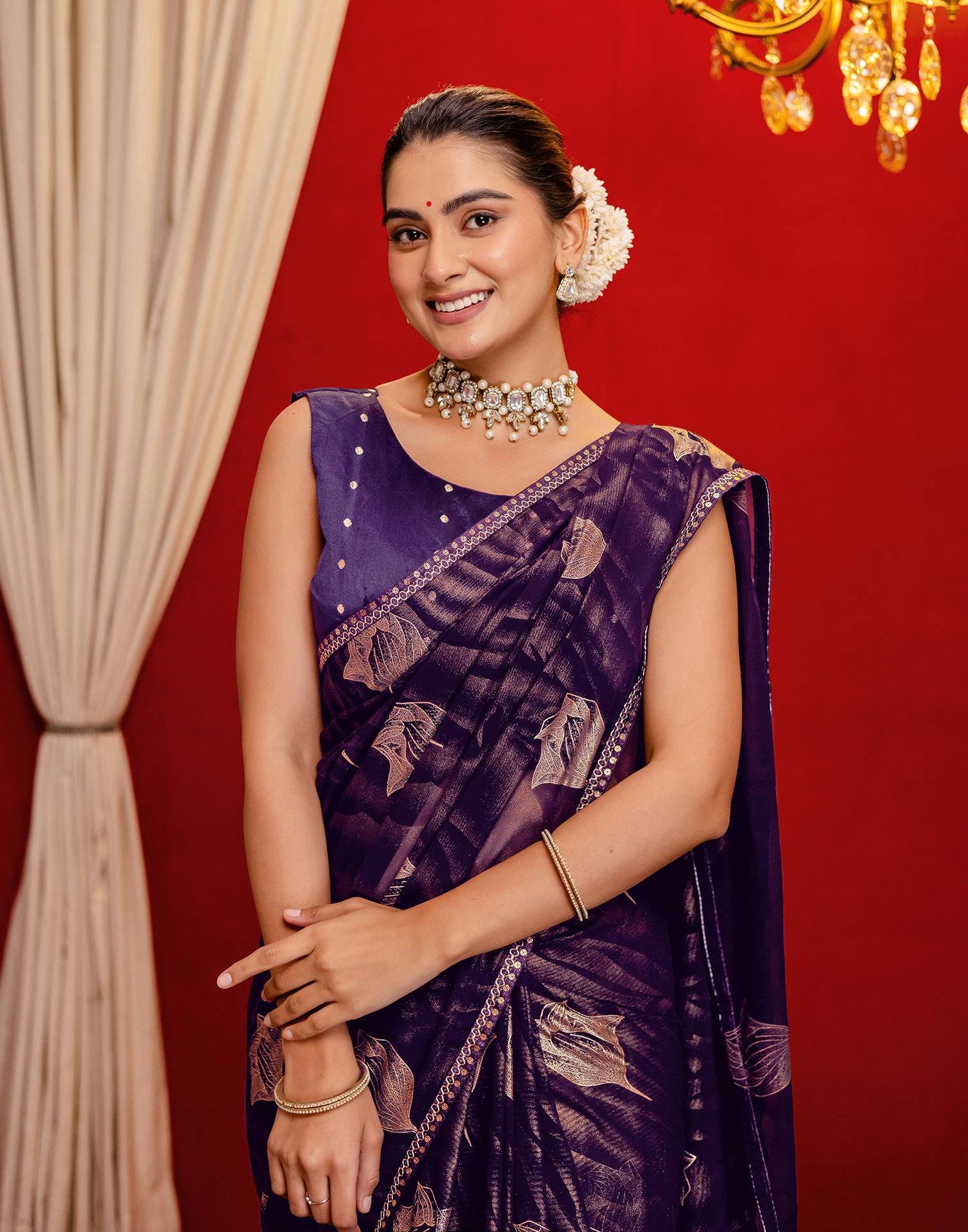 Dark Purple Georgette Foil Printed Lace Saree