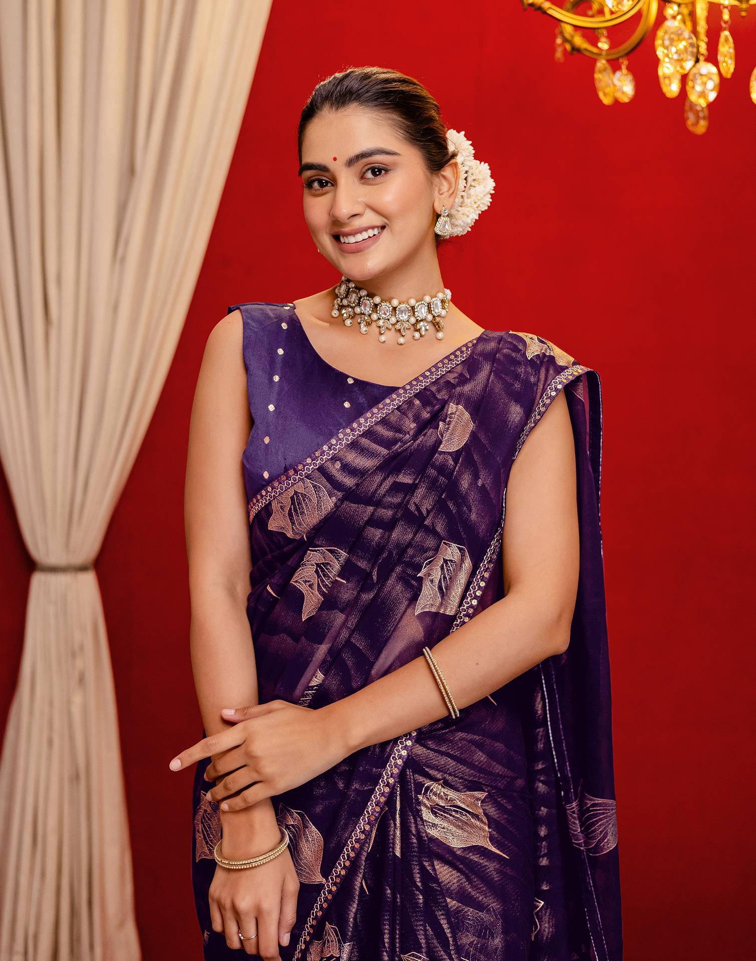 Dark Purple Georgette Foil Printed Lace Saree