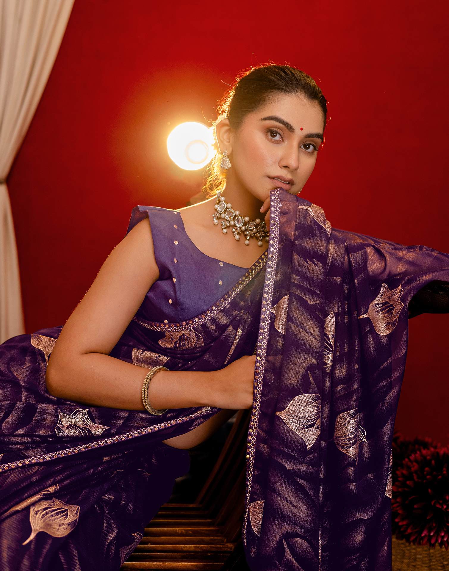 Dark Purple Georgette Foil Printed Lace Saree