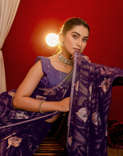 Dark Purple Georgette Foil Printed Lace Saree