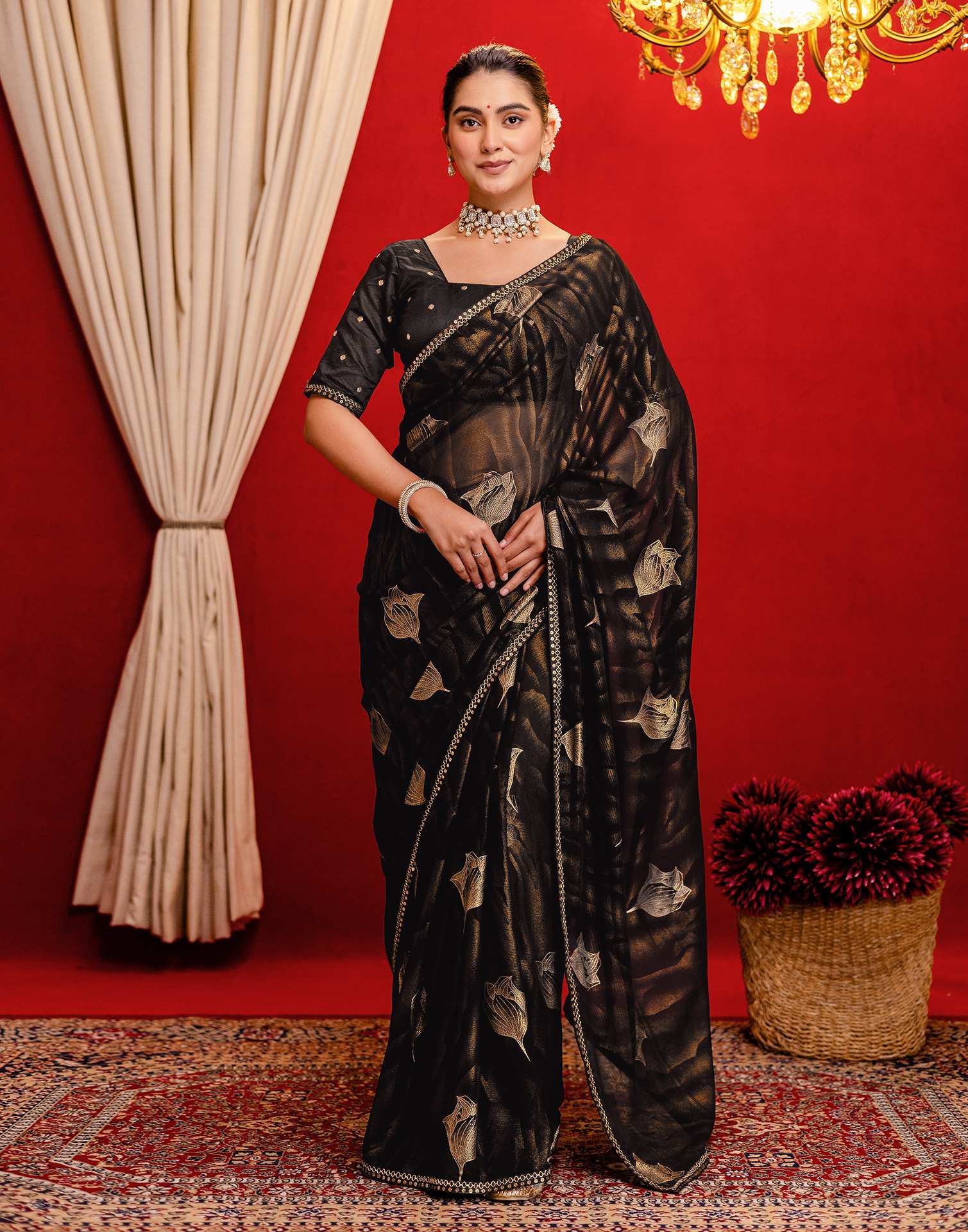 Black Georgette Foil Printed Lace Saree