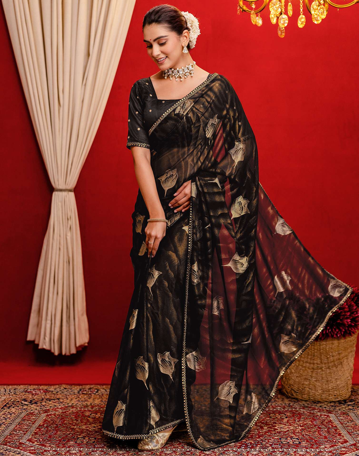 Black Georgette Foil Printed Lace Saree