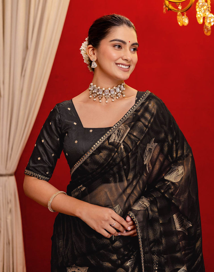Black Georgette Foil Printed Lace Saree