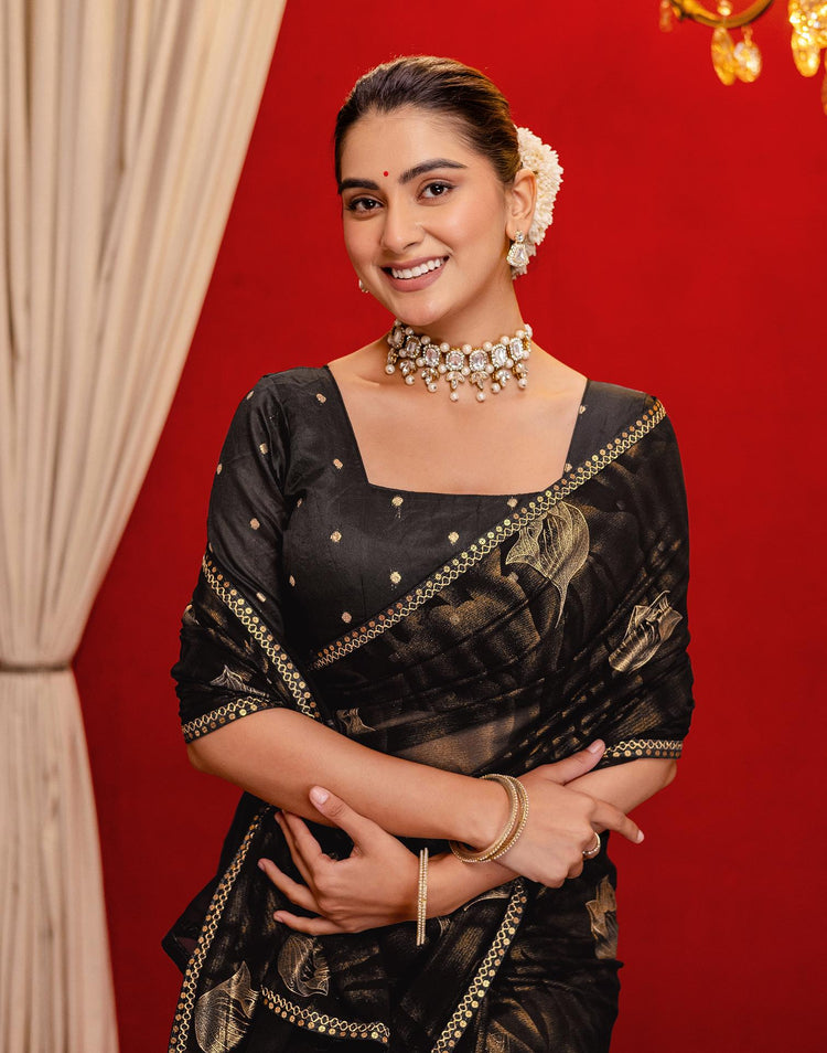 Black Georgette Foil Printed Lace Saree