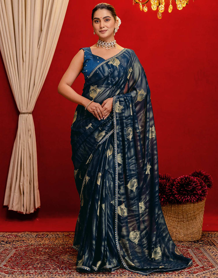 Rama Blue Georgette Foil Printed Lace Saree