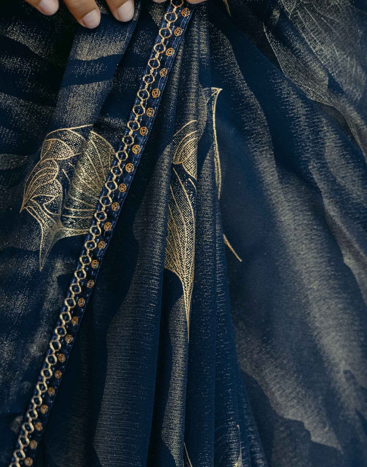 Rama Blue Georgette Foil Printed Lace Saree