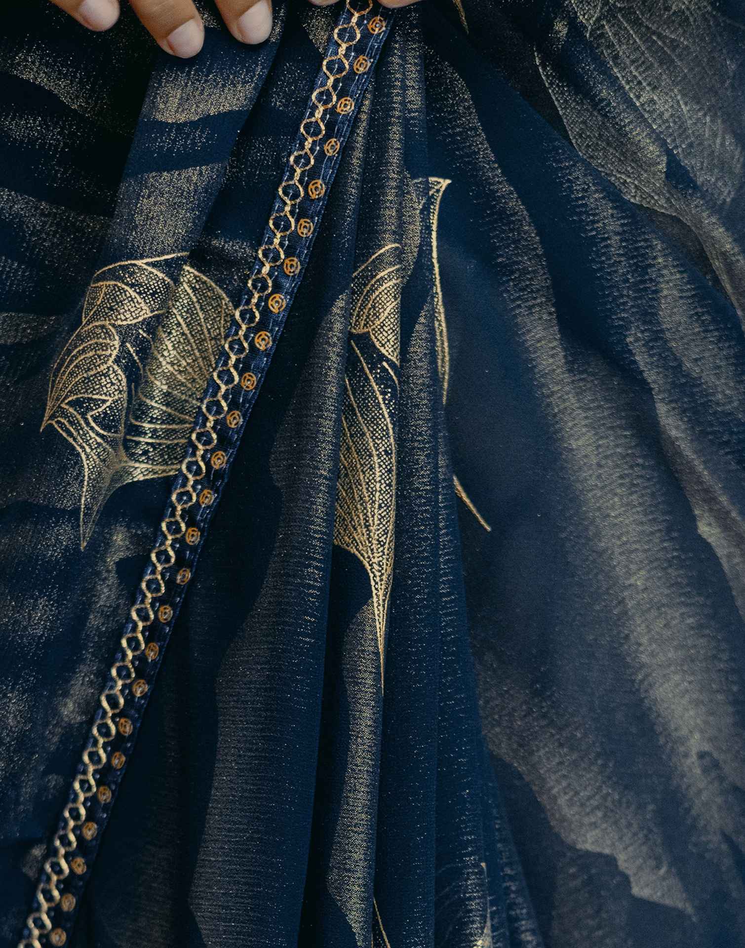 Rama Blue Georgette Foil Printed Lace Saree