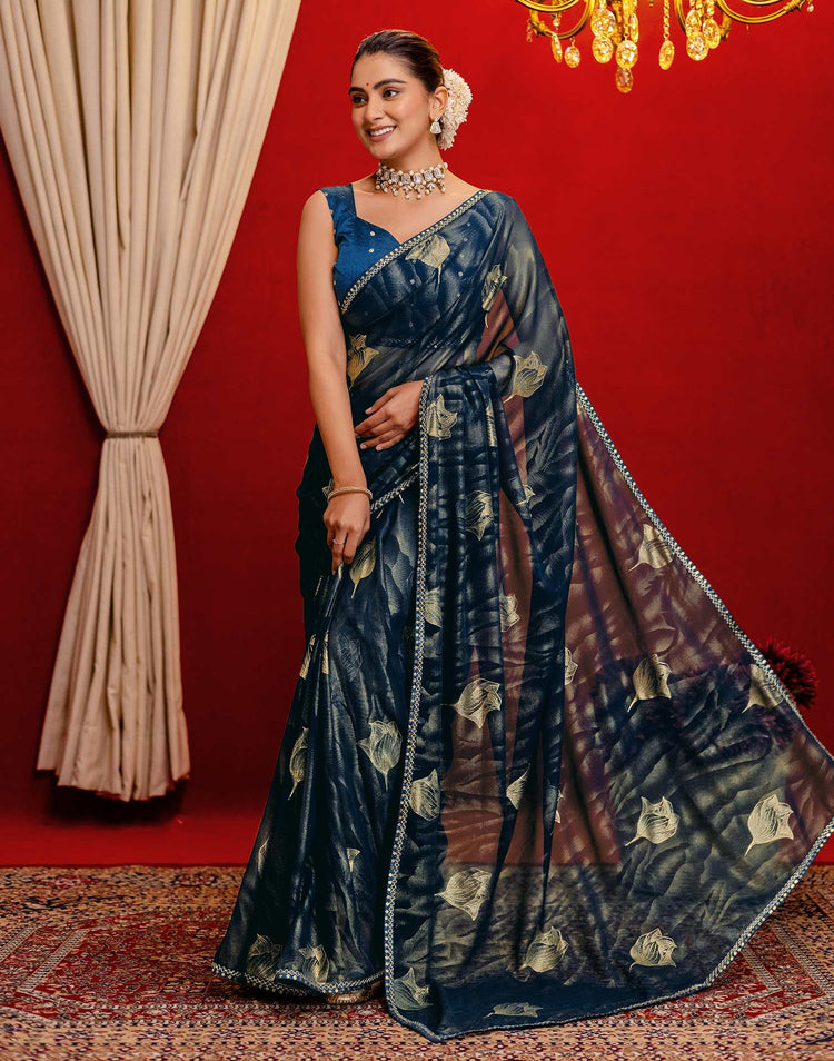 Rama Blue Georgette Foil Printed Lace Saree