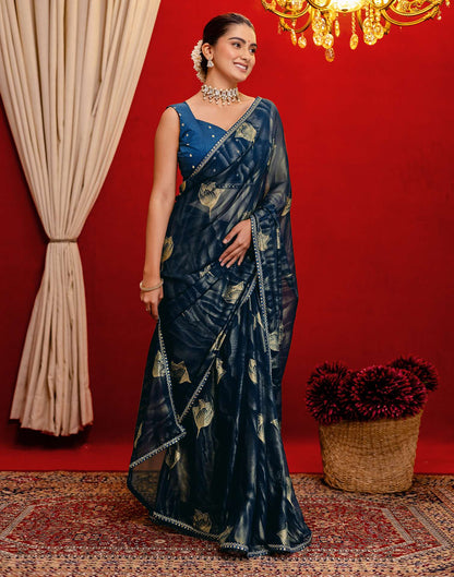 Rama Blue Georgette Foil Printed Lace Saree