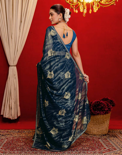 Rama Blue Georgette Foil Printed Lace Saree