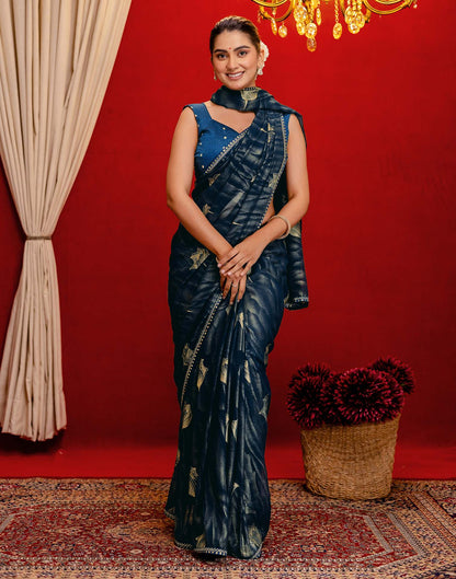 Rama Blue Georgette Foil Printed Lace Saree