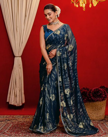 Rama Blue Georgette Foil Printed Lace Saree