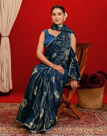 Rama Blue Georgette Foil Printed Lace Saree