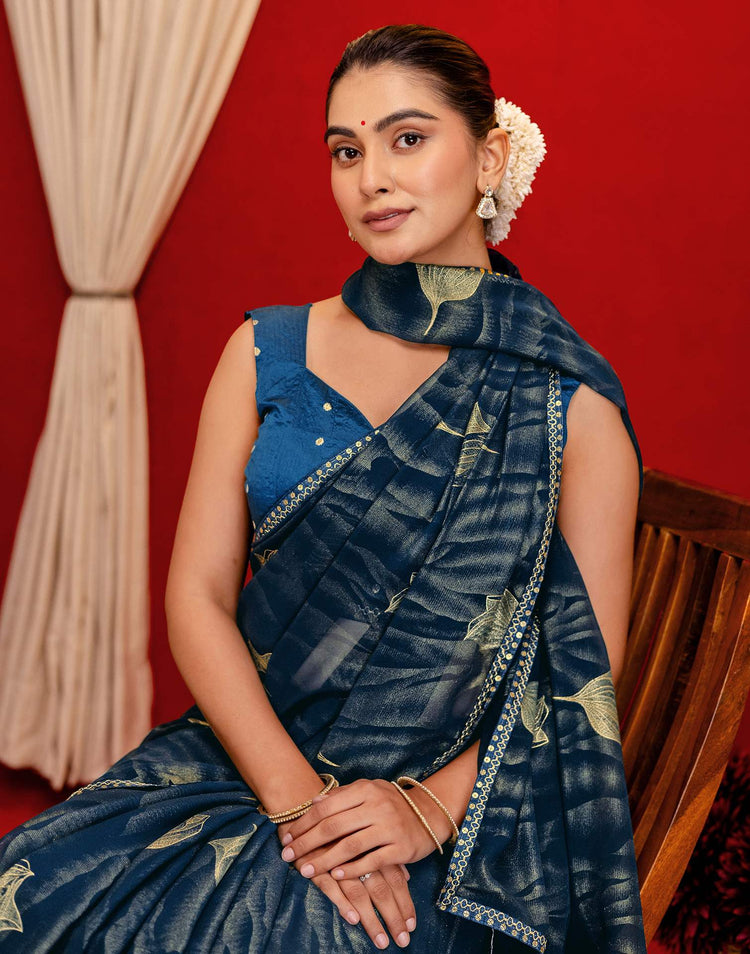 Rama Blue Georgette Foil Printed Lace Saree