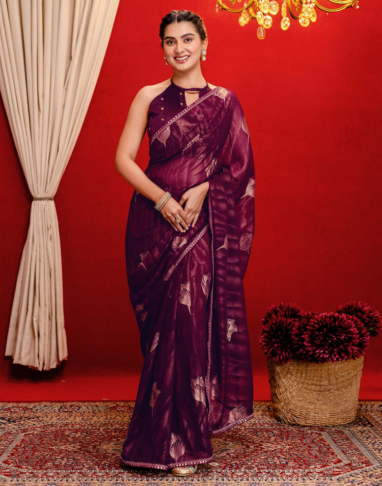 Wine Georgette Foil Printed Lace Saree