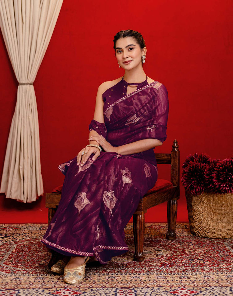 Wine Georgette Foil Printed Lace Saree