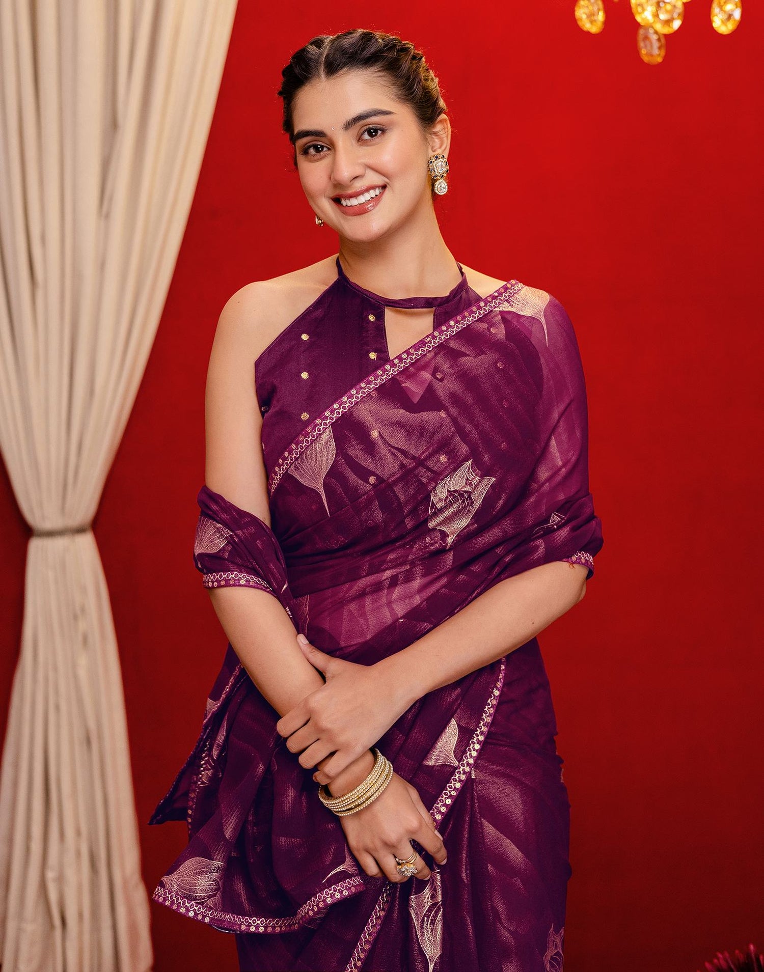 Wine Georgette Foil Printed Lace Saree