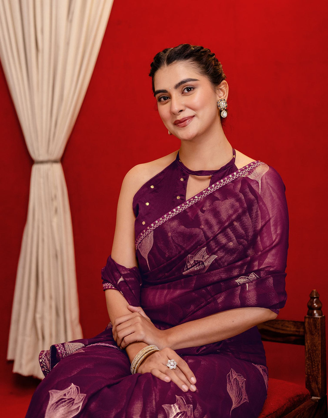 Wine Georgette Foil Printed Lace Saree